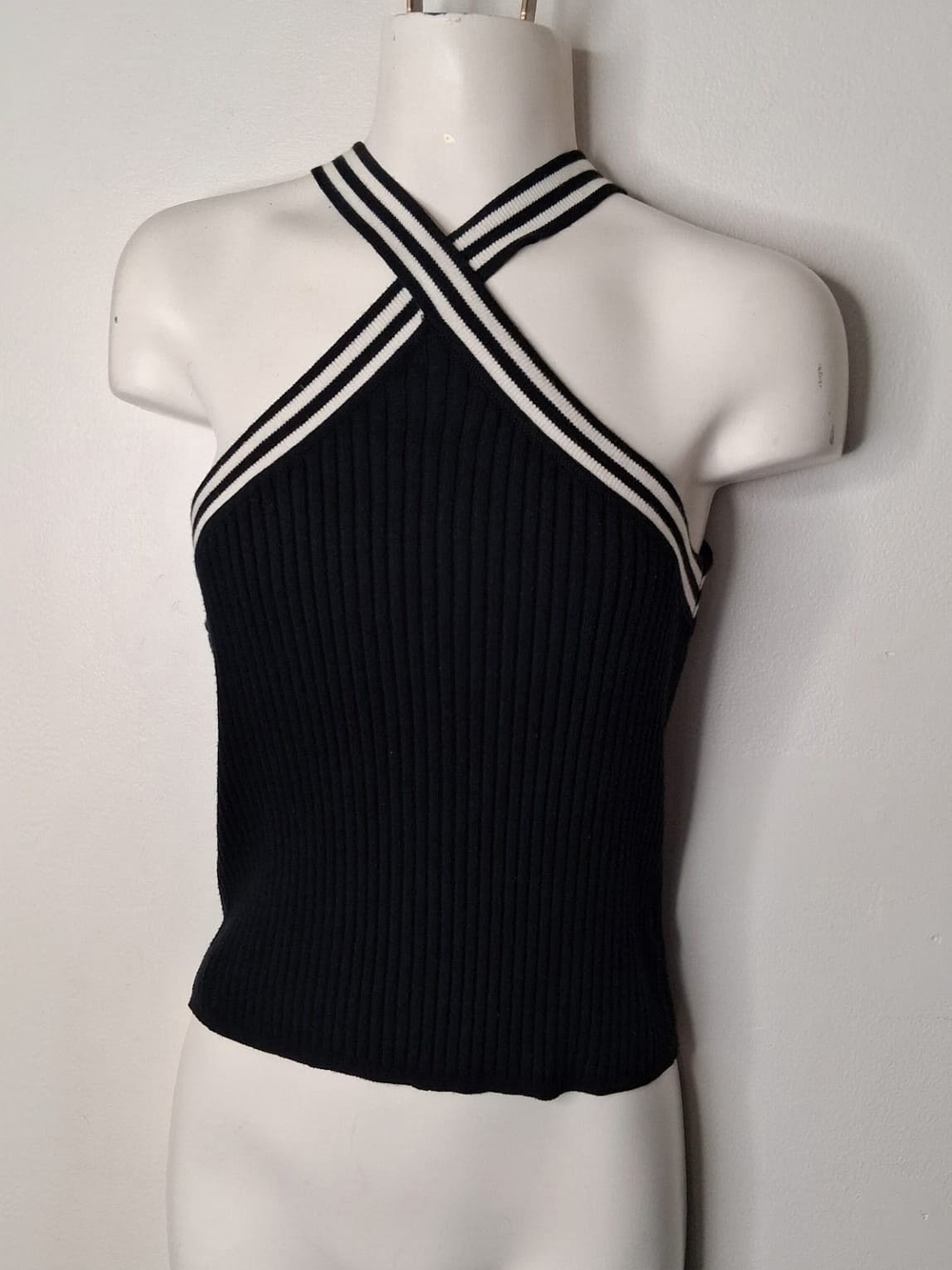 NEXT Black Ivory Ribbed Cross Halter Knit Top UK 12